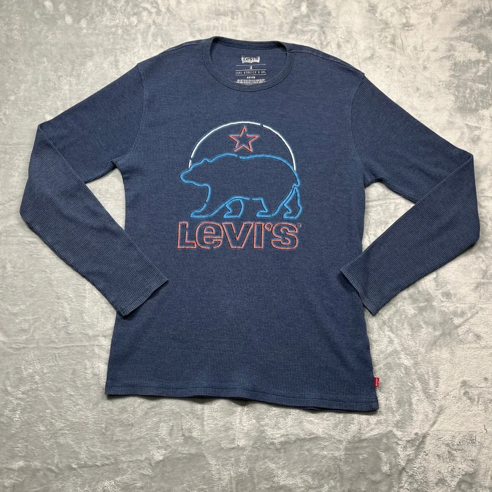 Levis Thermal Shirt Mens Medium Blue California Bear Waffle Knit Long‎ Sleeve